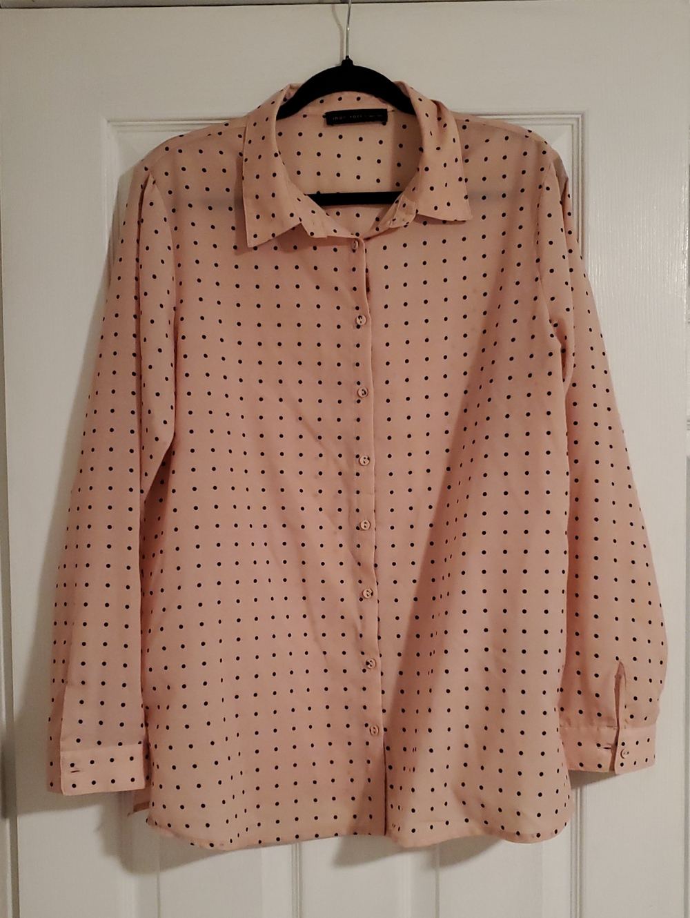 Business Casual Joan Vass Peach Button-Down  with black Polka Dots